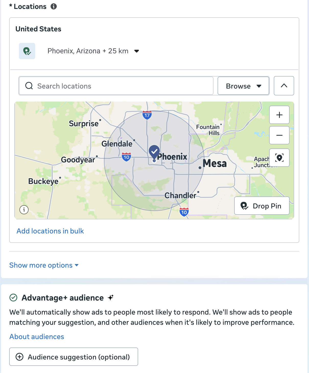 Meta Ads Manager's audience setup, with Phoenix, Arizona plus a 25km radius as the location and Advantage+ audience turned on