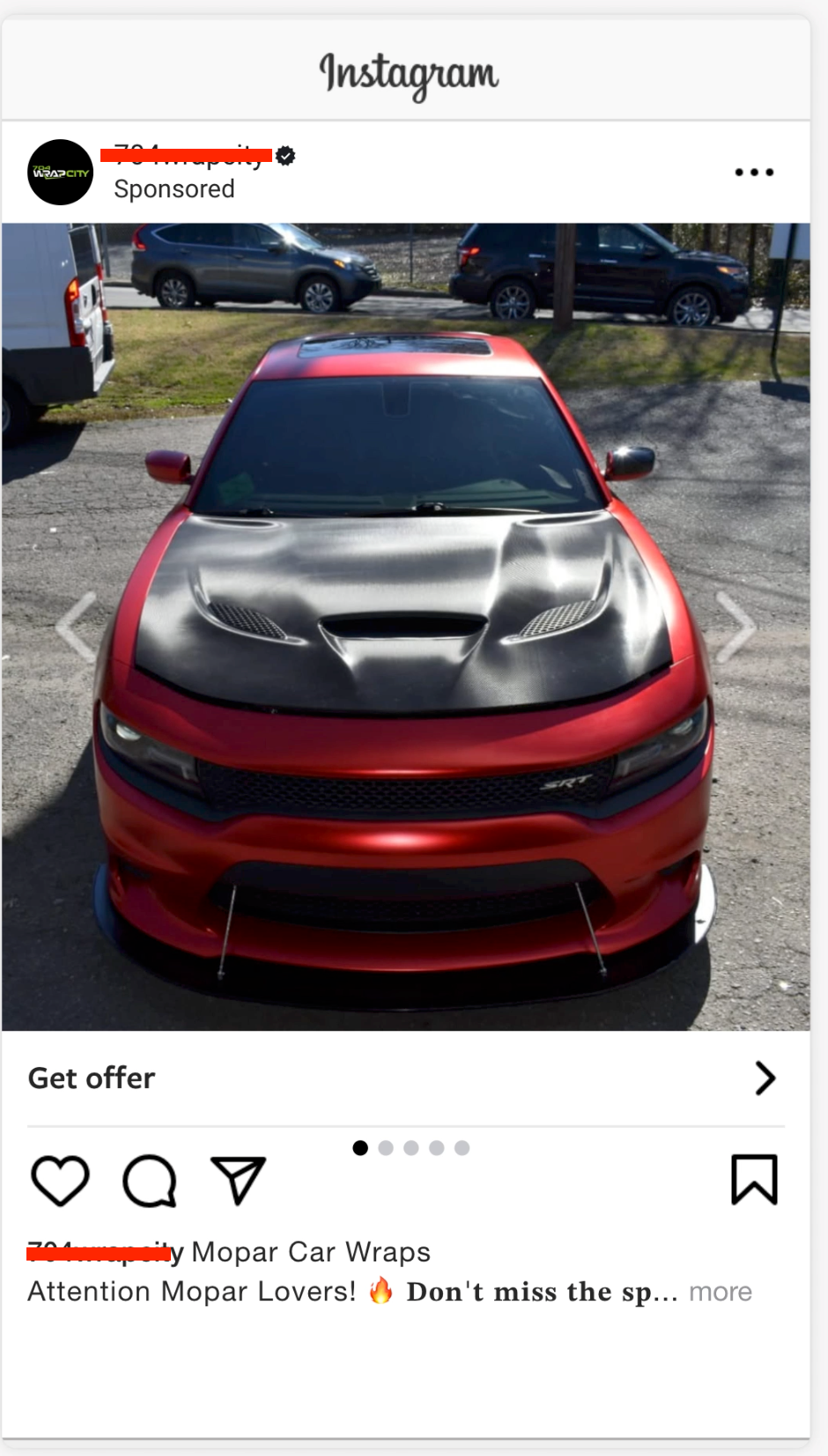 Real Instagram Lead Ad for a car wrap offer, with a Get Offer instant form