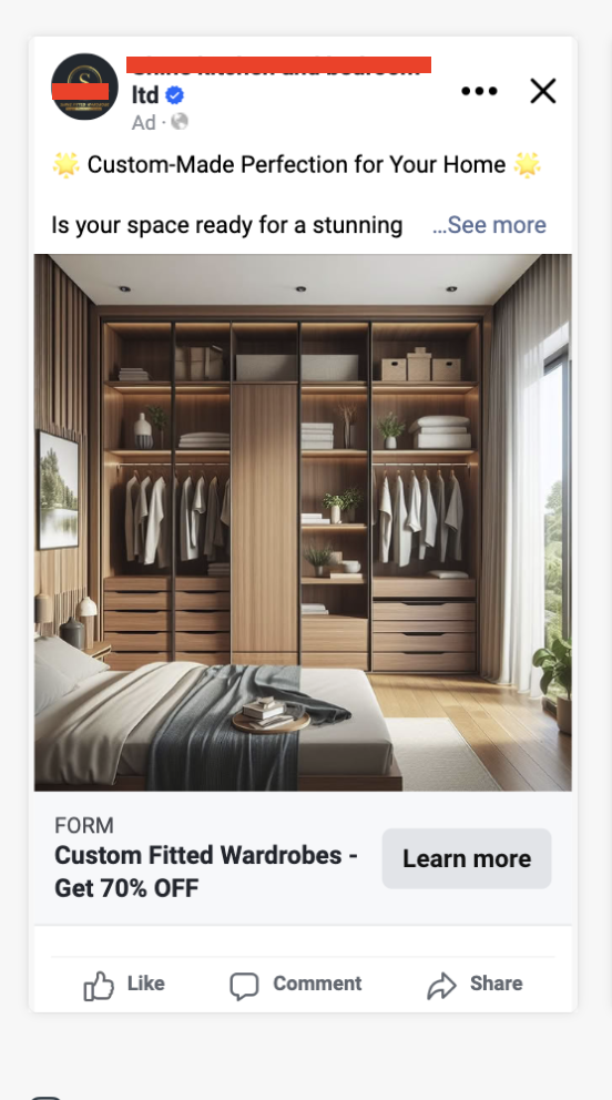 Real Facebook Lead Ad for a custom closet and wardrobe offer, with a 70% off instant form
