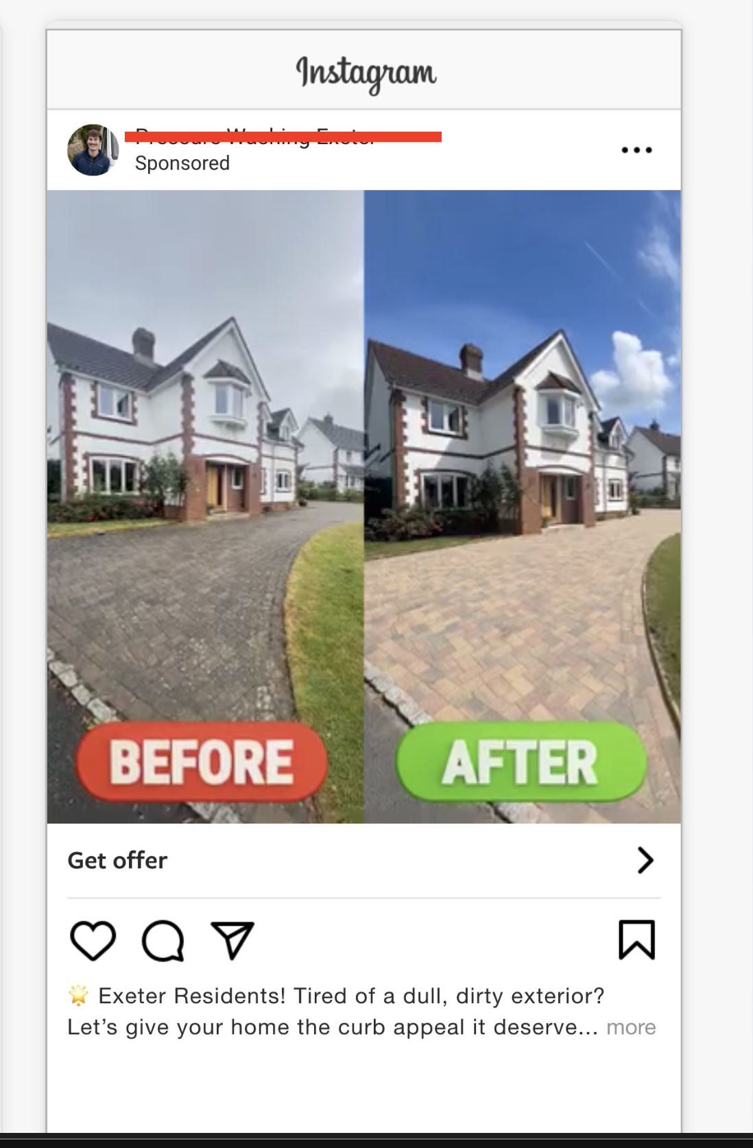 Real Instagram Lead Ad for a pressure washing offer, with a before and after driveway photo and a Get Offer instant form