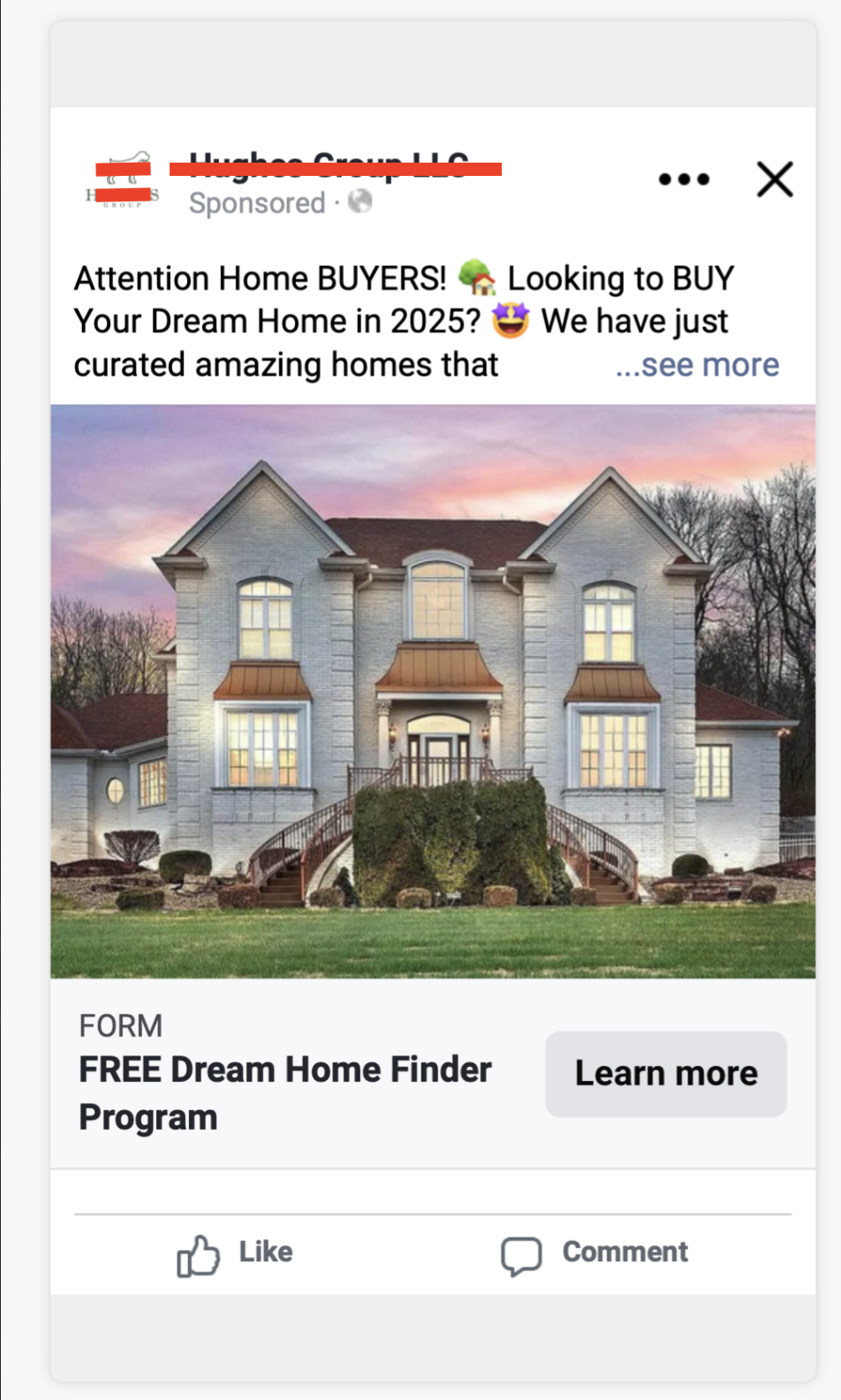 Real Facebook Lead Ad for a real estate home buyer offer, with a Free Dream Home Finder Program instant form