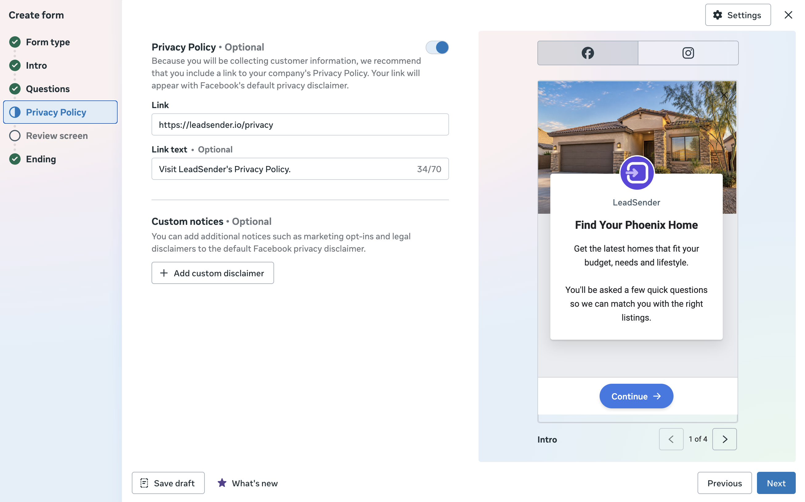 Meta's Instant Form editor showing the Intro screen fields, with the live preview of the Find Your Phoenix Home form intro