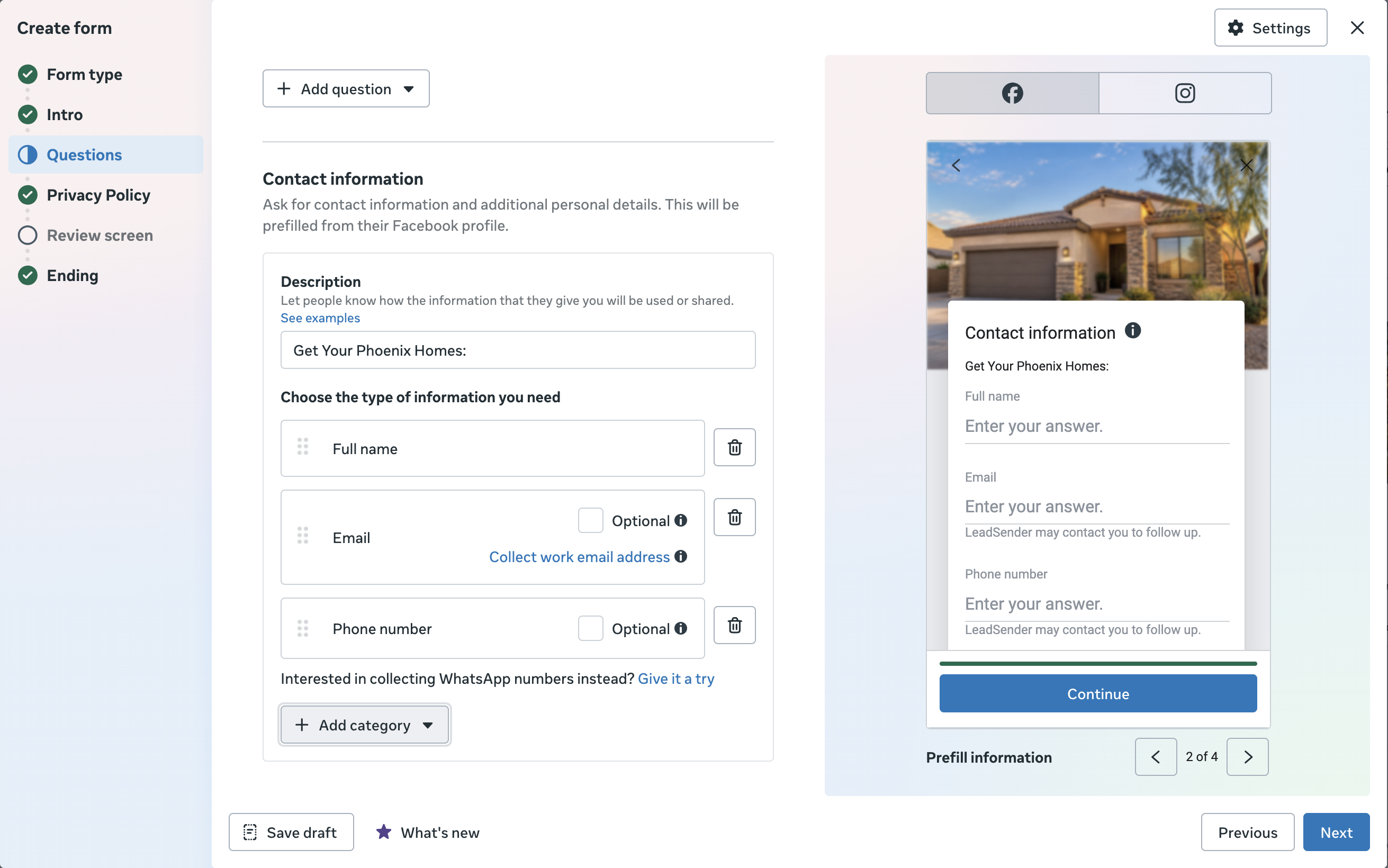 Meta's Instant Form editor showing the Questions step, with Contact information fields for full name, email and phone number