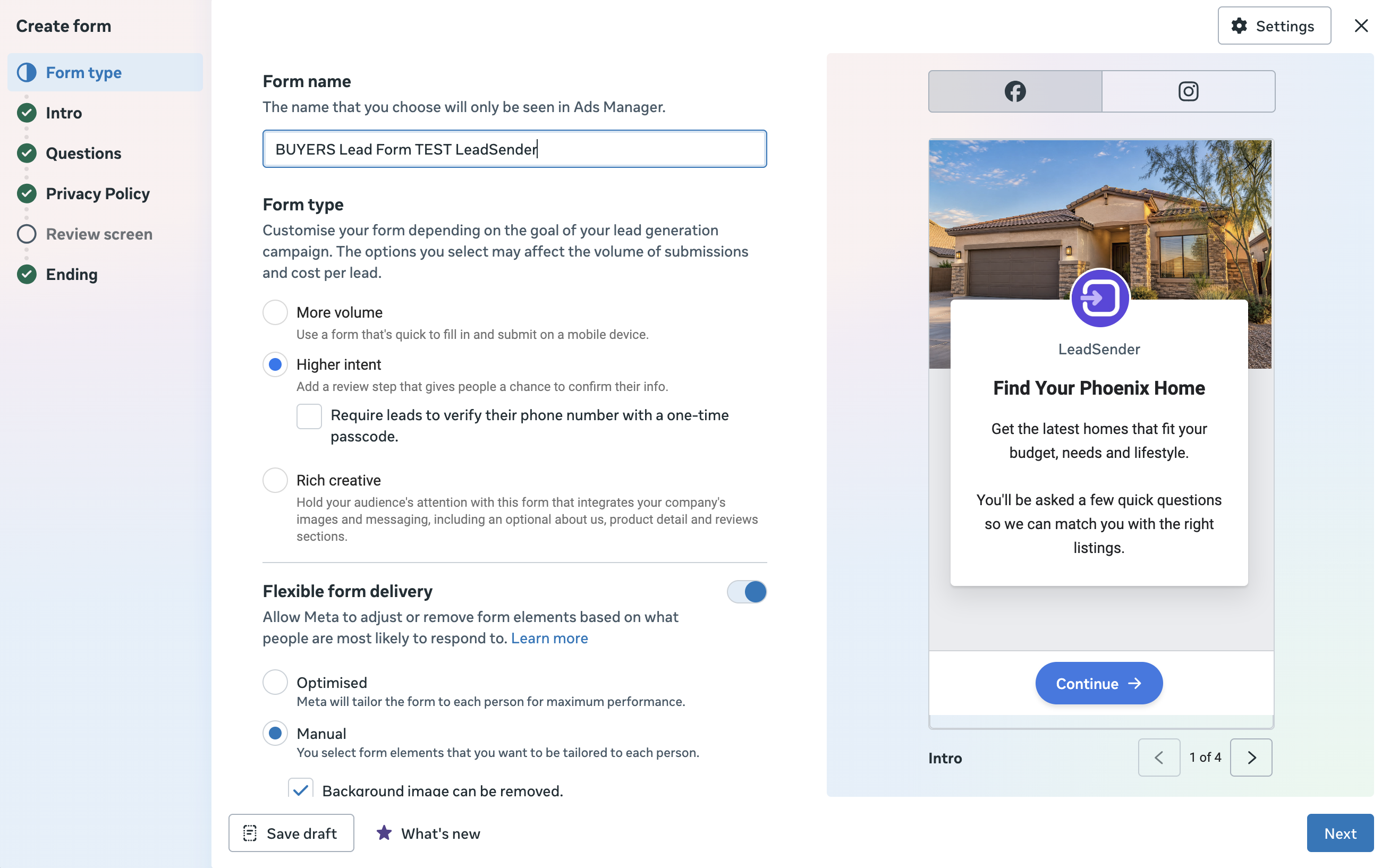 Meta's Create form dialog with the Form type choice, More Volume, Higher Intent and Rich Creative, and Higher Intent selected