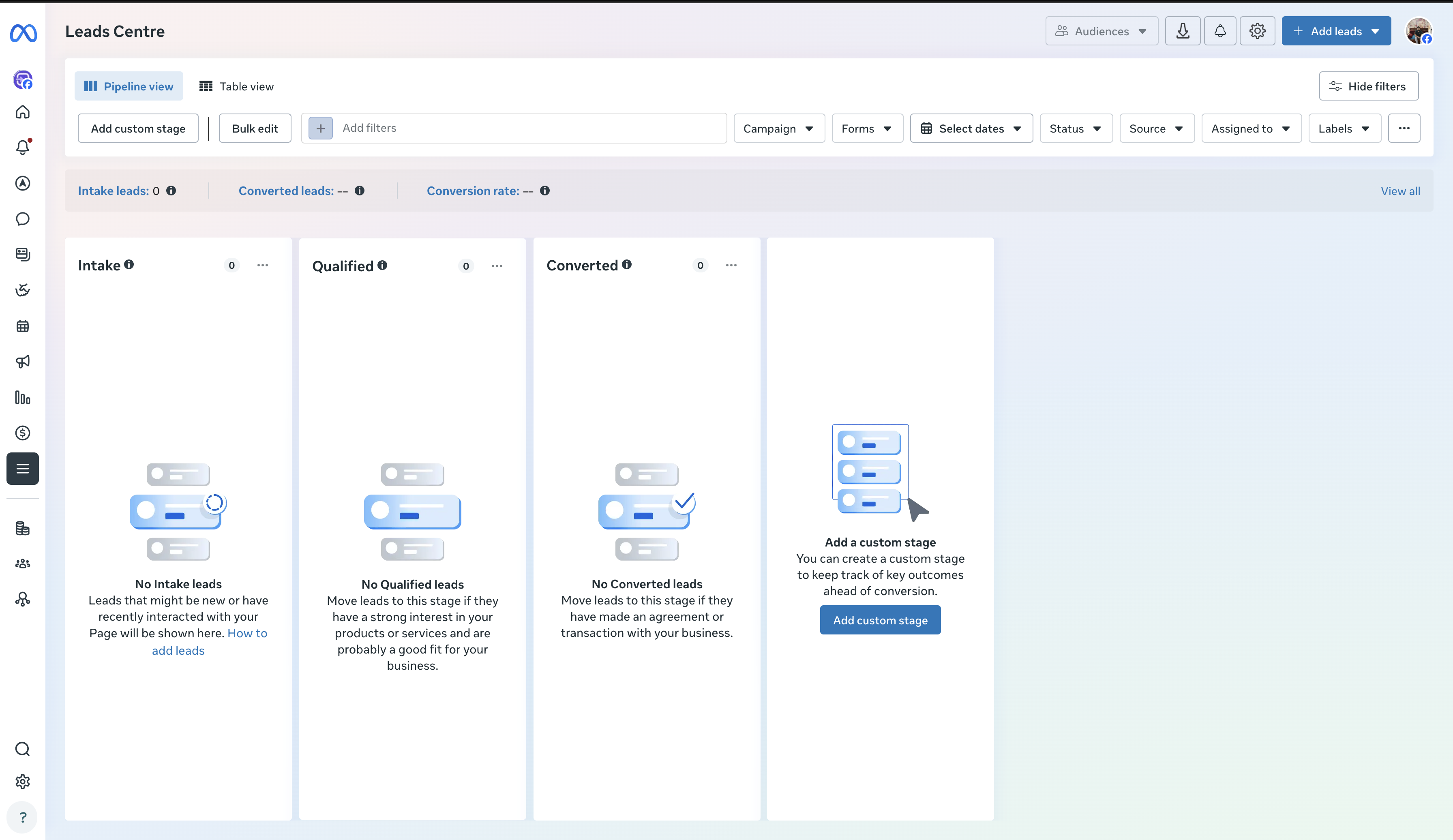 Meta's Leads Centre in Pipeline view, showing Intake, Qualified and Converted columns for organizing leads
