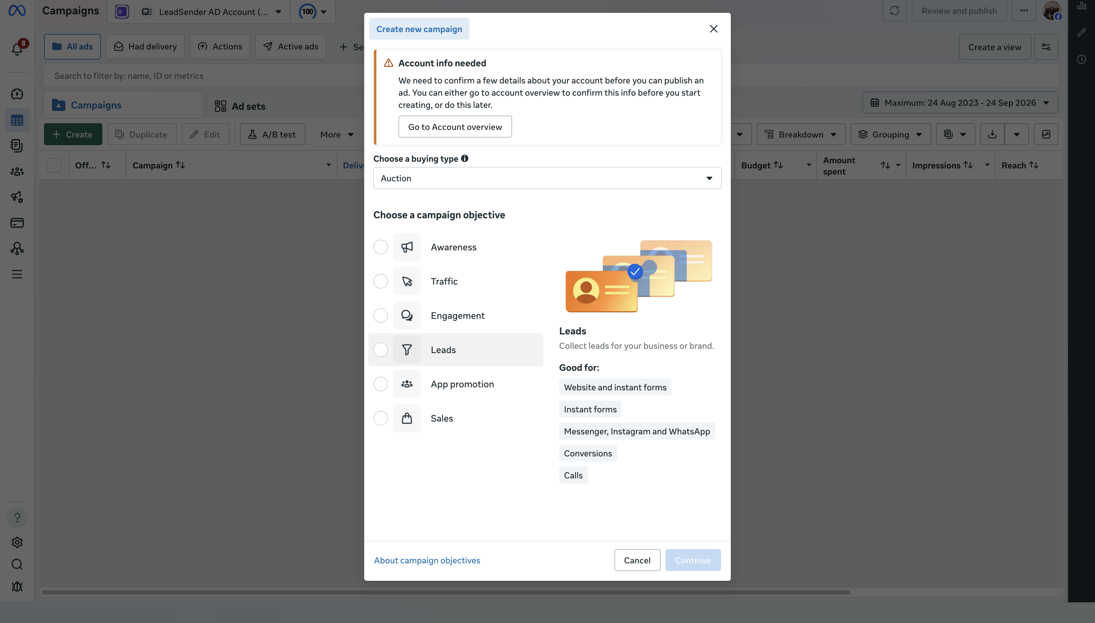 Meta's Create new campaign dialog, with the Leads campaign objective row highlighted