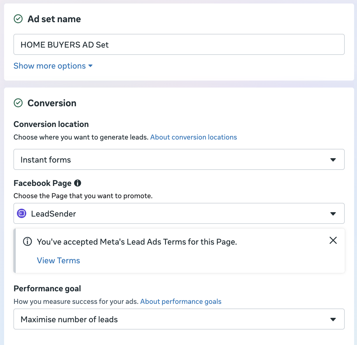 Meta Ads Manager's ad set setup, with Instant forms as the conversion location and Maximise number of leads as the performance goal