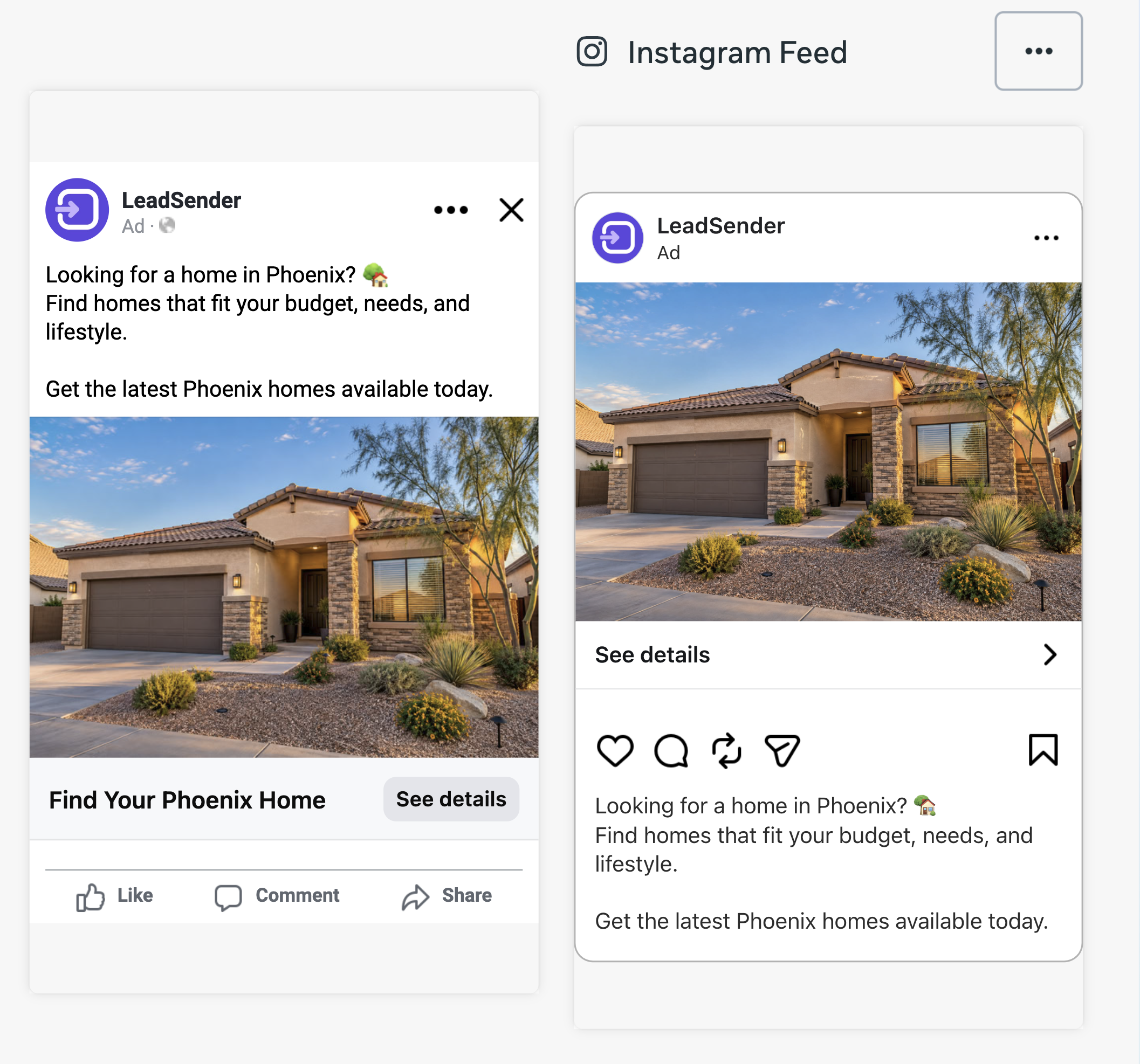 Meta's ad preview showing the same Buyers AD in the Facebook Feed and Instagram Feed placements side by side