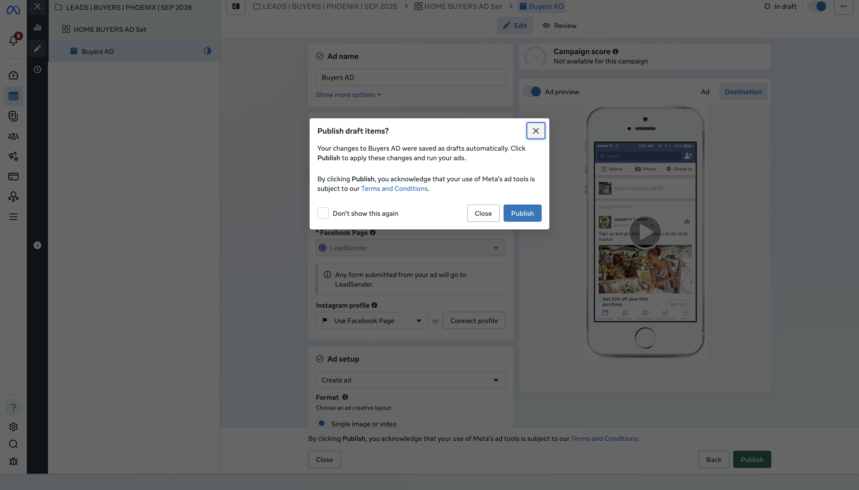 Meta Ads Manager's Publish draft items dialog for the Buyers AD, confirming changes will be published and ads will start running