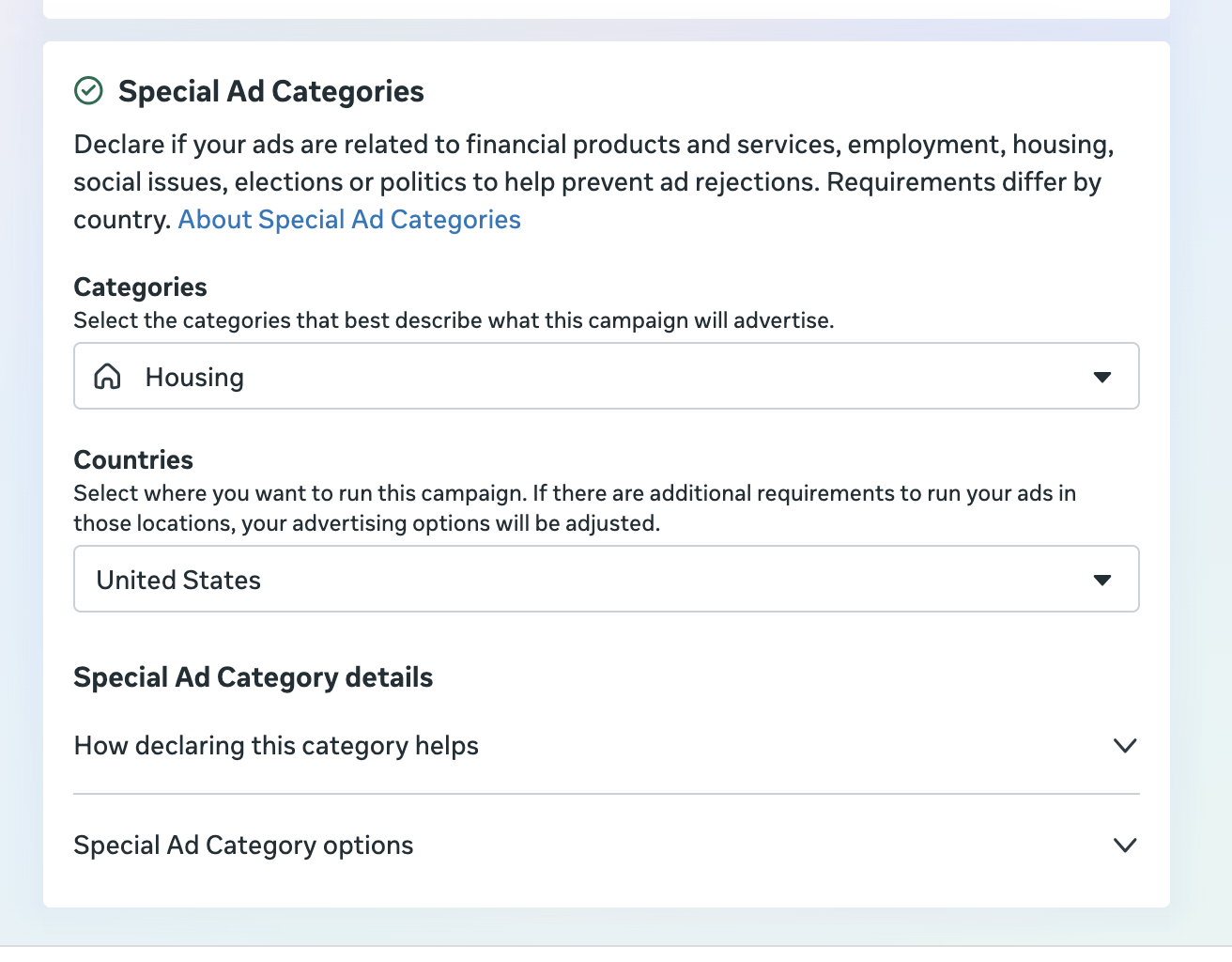 Meta Ads Manager's Special Ad Categories panel, with Housing selected and the United States as the country