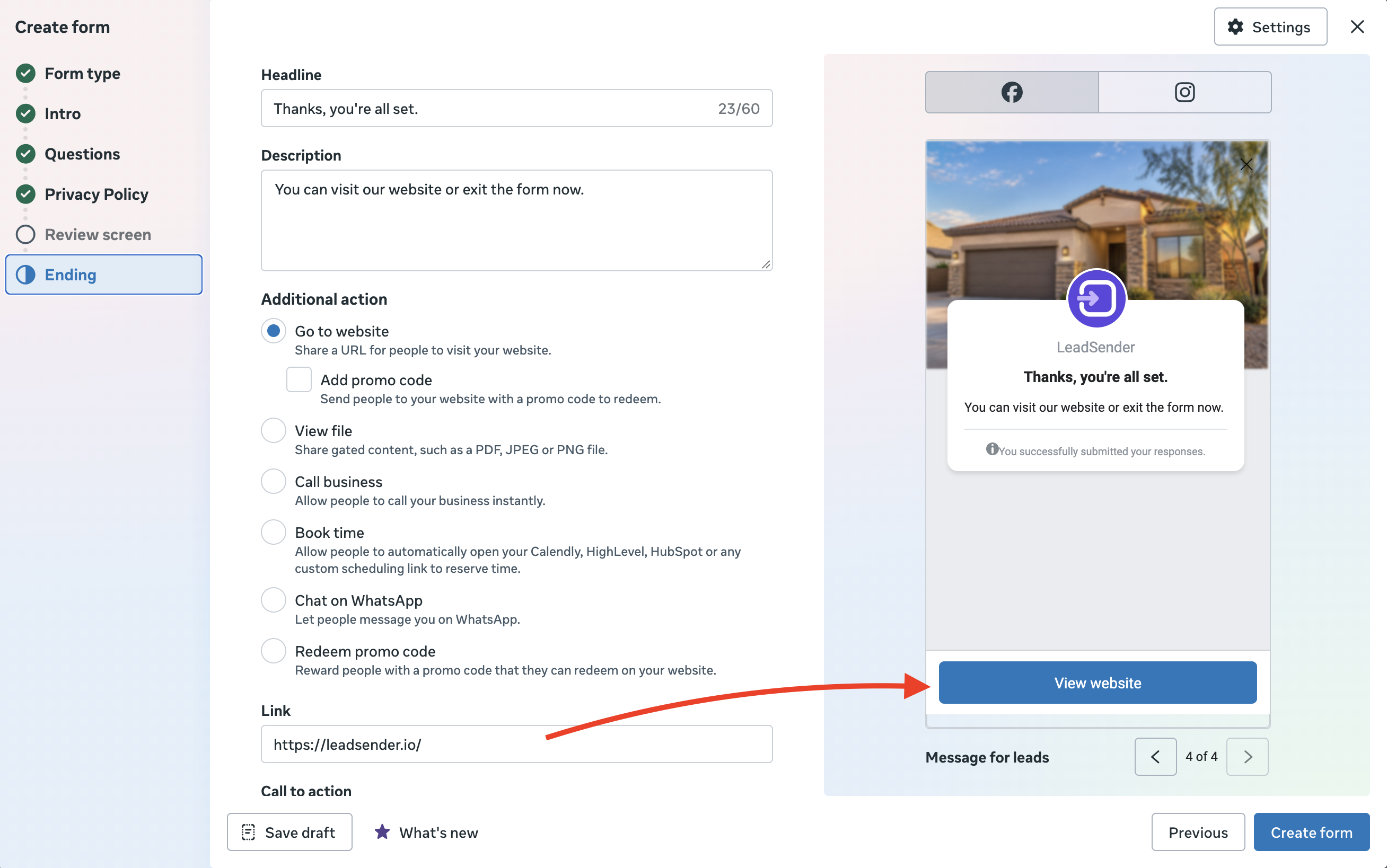 Meta's Instant Form editor showing the Ending step, with a Go to website action and a link field pointing visitors to the business's site