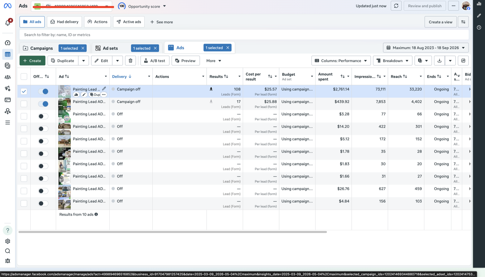 The Ads Manager Results column, with the small per-ad download icon circled in red