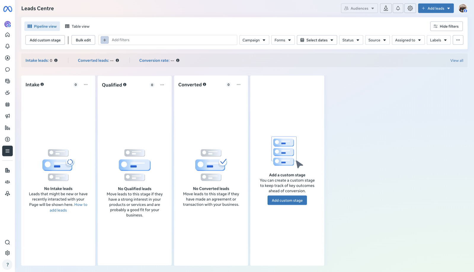 Meta Business Suite's Lead Center, with the download icon in the top toolbar circled in red