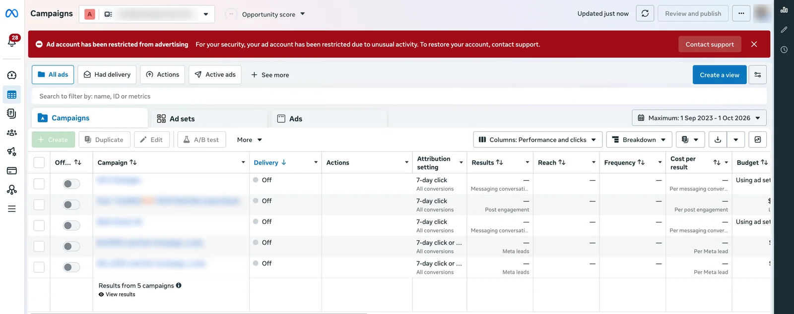 Meta Ads Manager showing the red banner: Ad account has been restricted from advertising. For your security, your ad account has been restricted due to unusual activity. To restore your account, contact support.