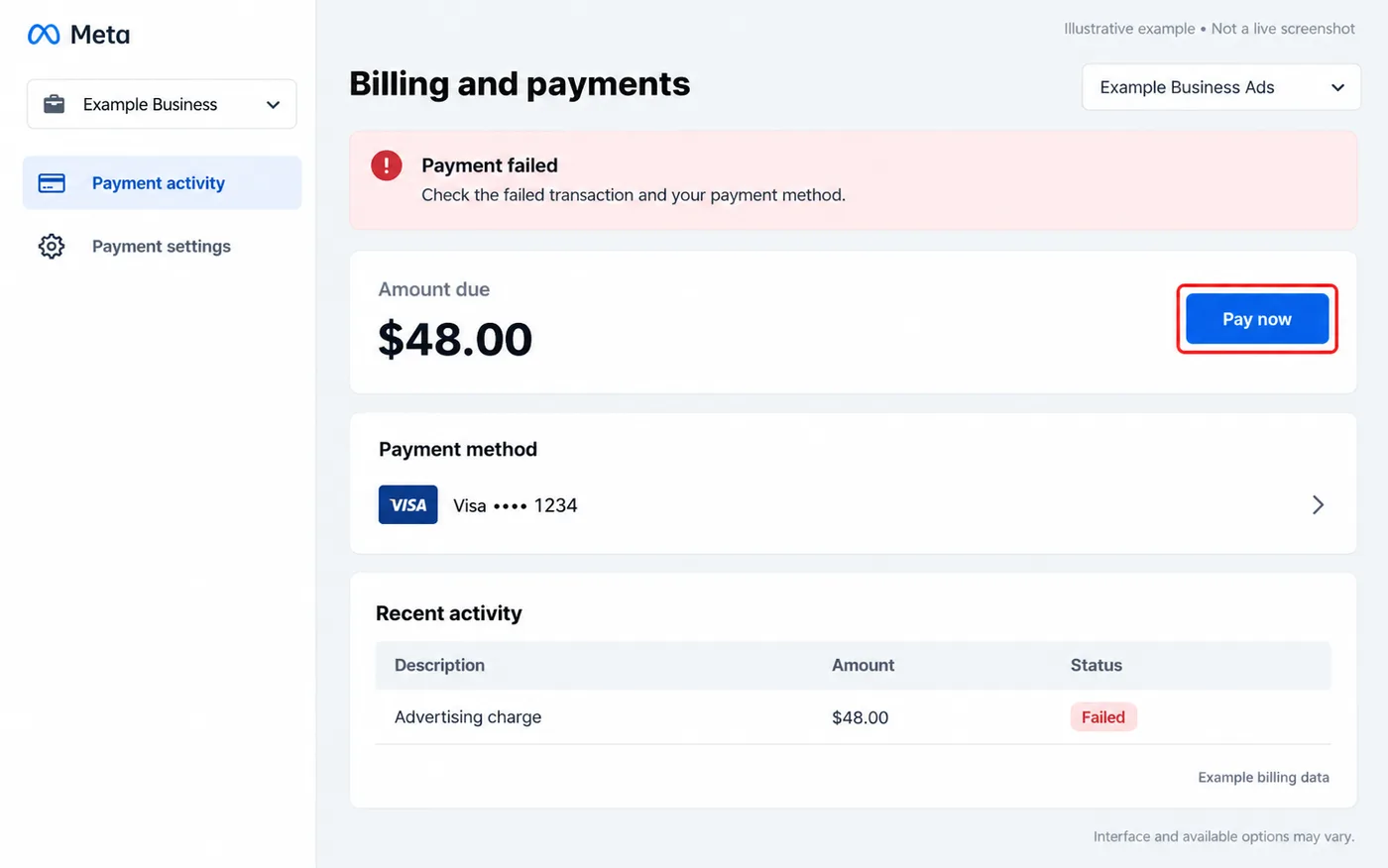 Example Billing and payments screen with a failed advertising charge and an amount due