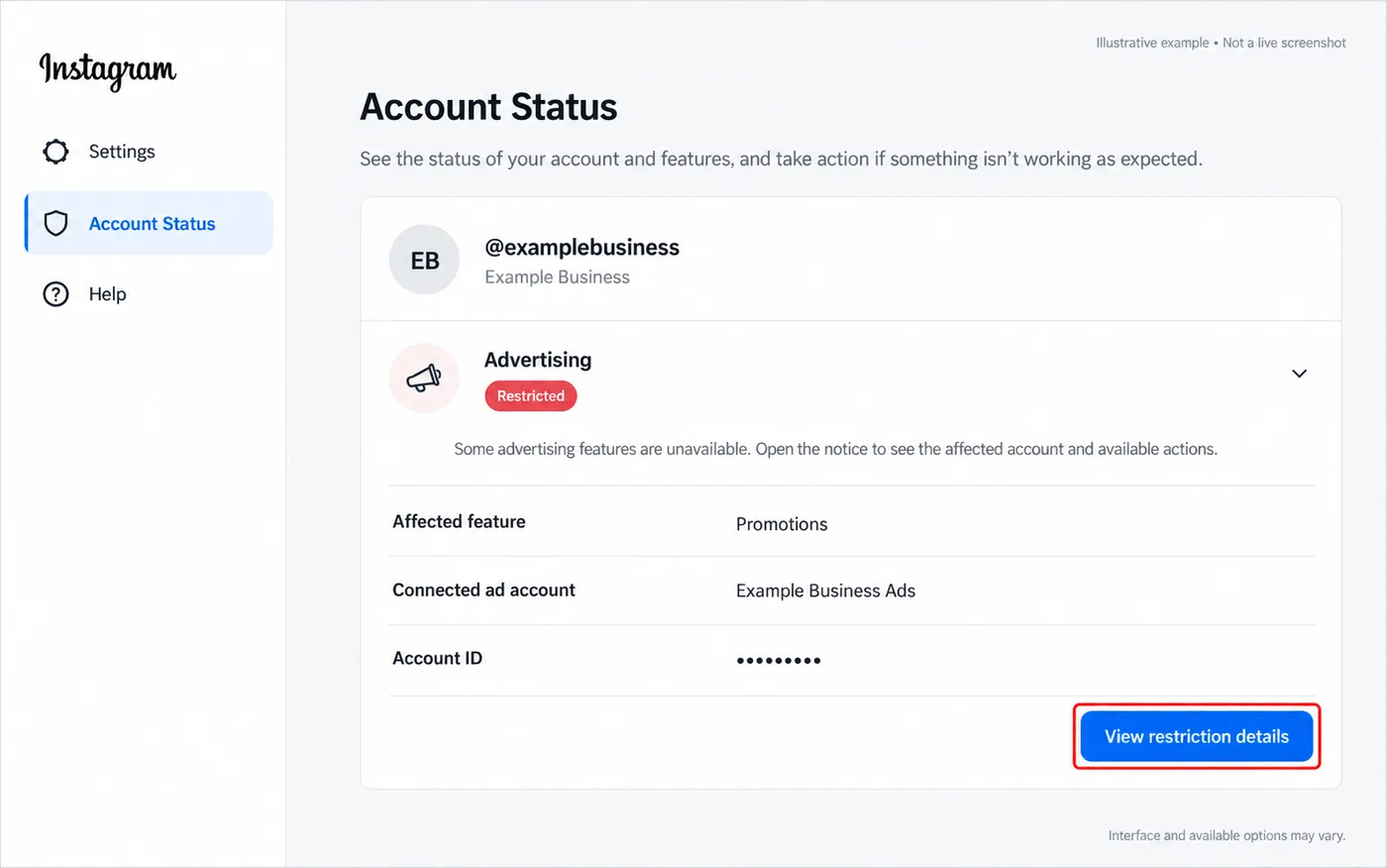 Example Instagram promotion notice pointing to the connected ad account