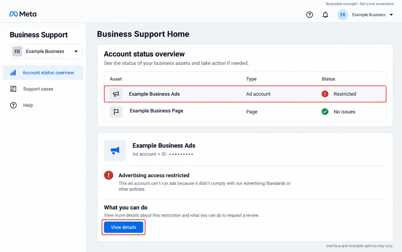 Example account status overview with the restricted ad account selected