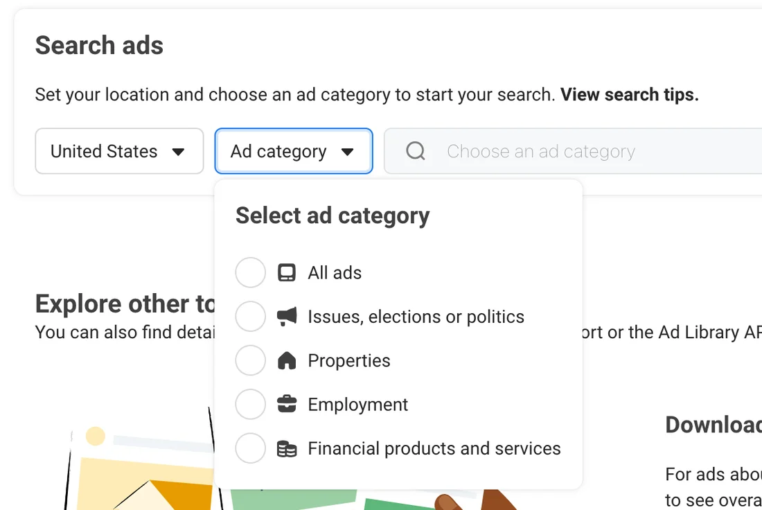 Facebook Ad Library category menu showing All ads, Issues elections or politics, Properties, Employment and Financial products and services