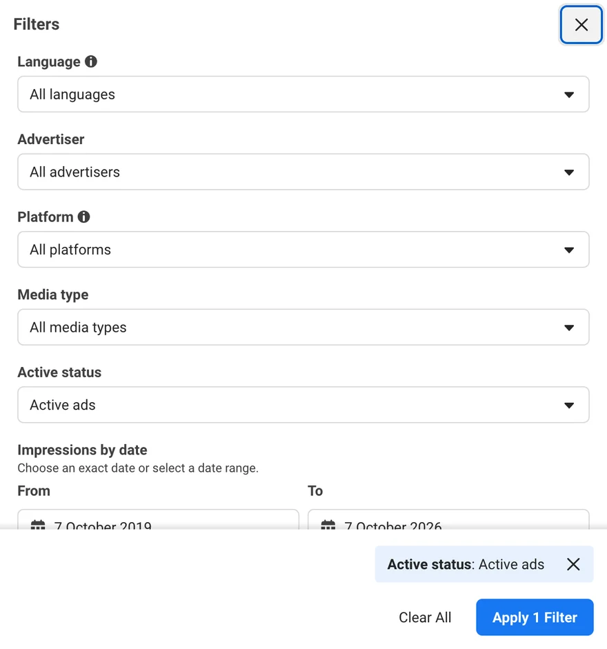 Meta Ad Library filters for language, advertiser, platform, media type, active status and impressions by date