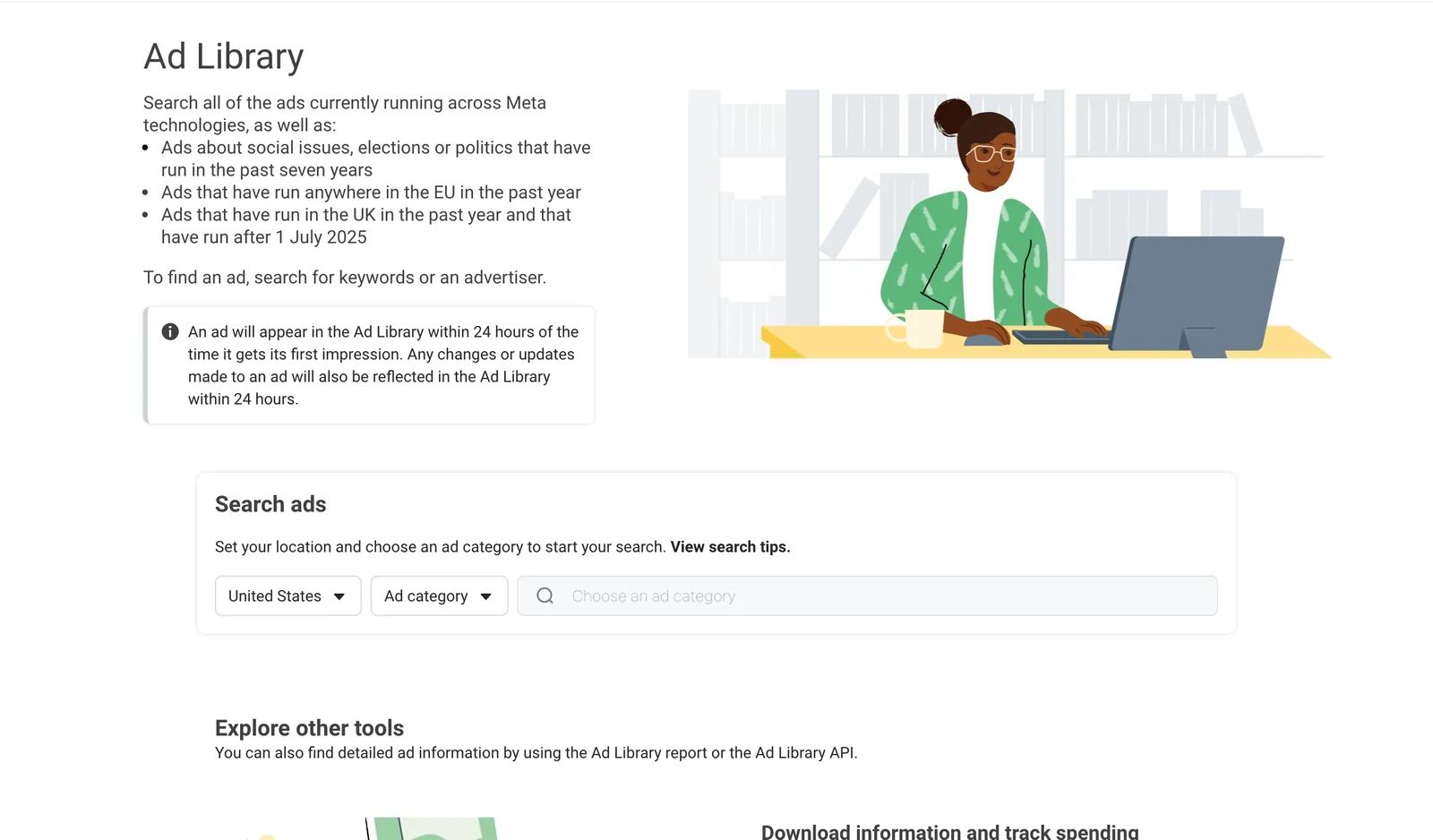 Meta Facebook Ad Library search screen with country and ad category filters