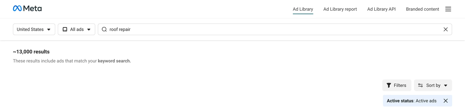Facebook Ad Library results page with country, All ads, a roof repair keyword search, result count, Filters and Sort by