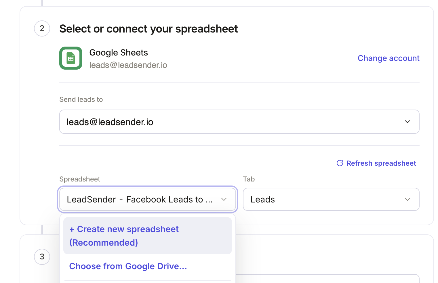 Choosing the Google account, spreadsheet and tab for Facebook leads, with the option to create a new spreadsheet
