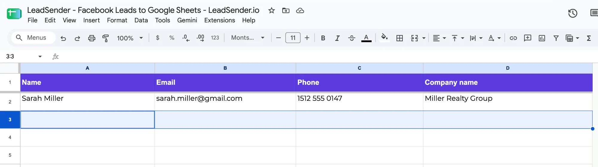 A Google Sheet with a header row (Name, Email, Phone, Company name) and a new Facebook lead in its own row