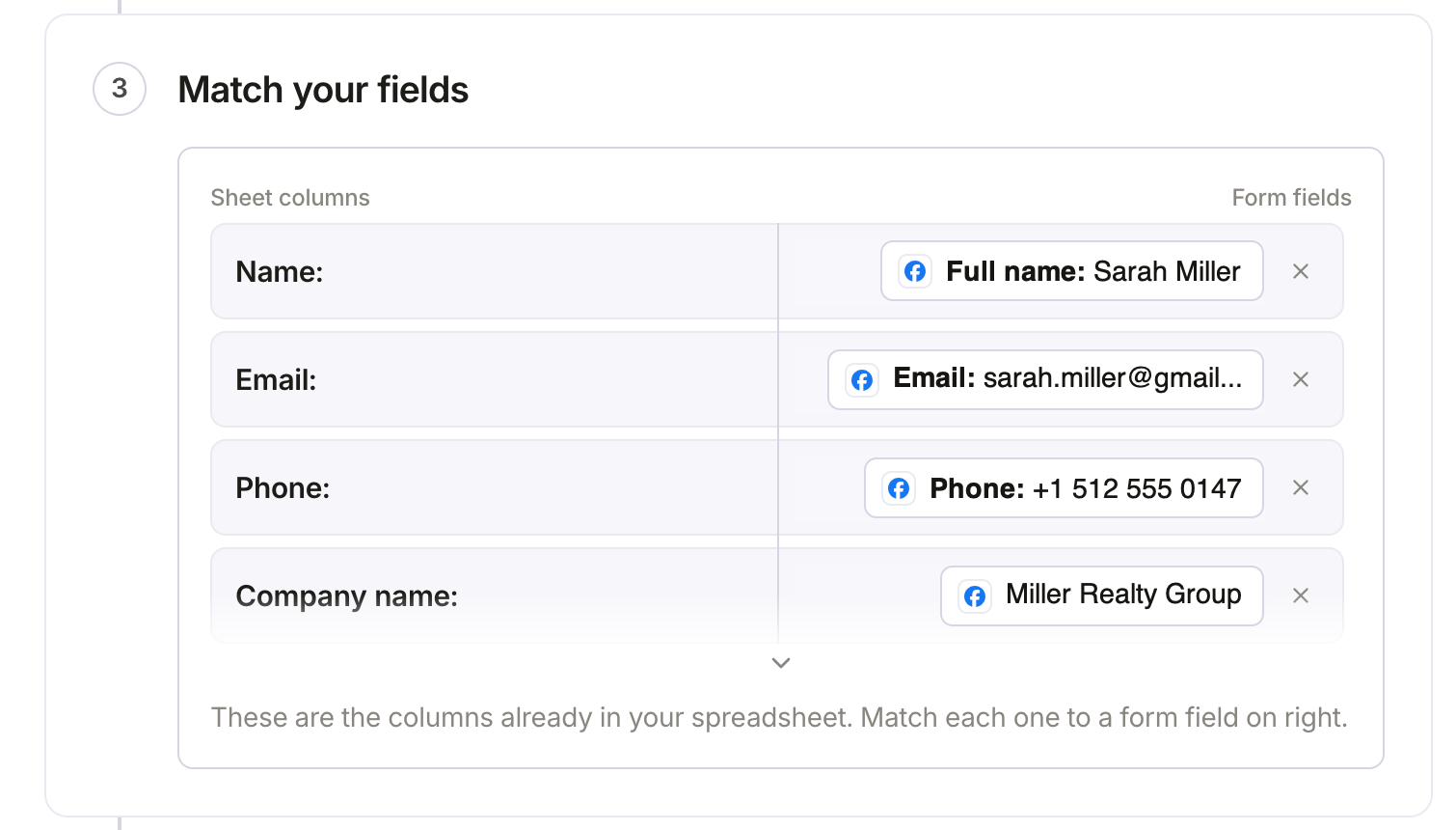 Matching Facebook lead form answers to Google Sheets columns: name, email, phone and company