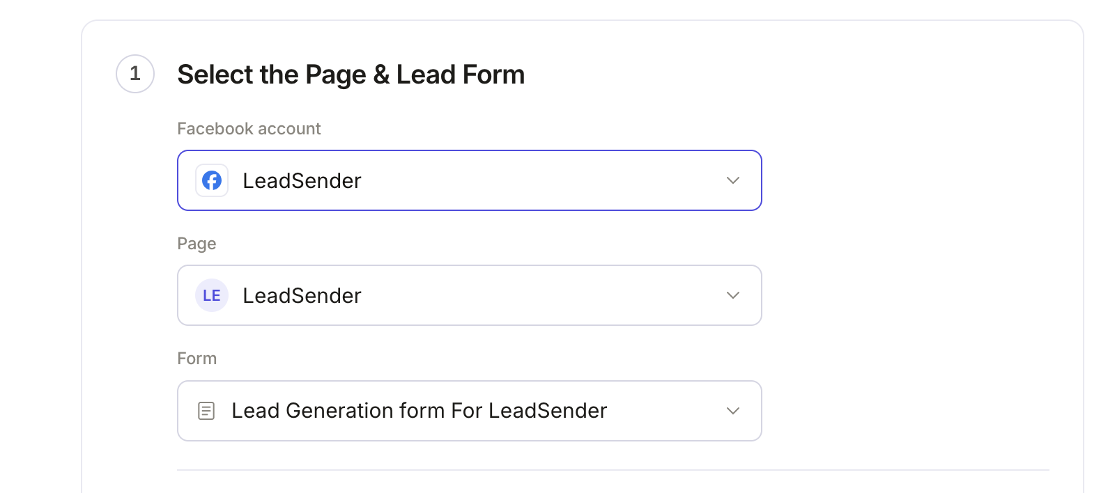 Step 1 of sending Facebook Lead Ads to Google Sheets in LeadSender: the connected Facebook account, the selected Page and the selected lead form