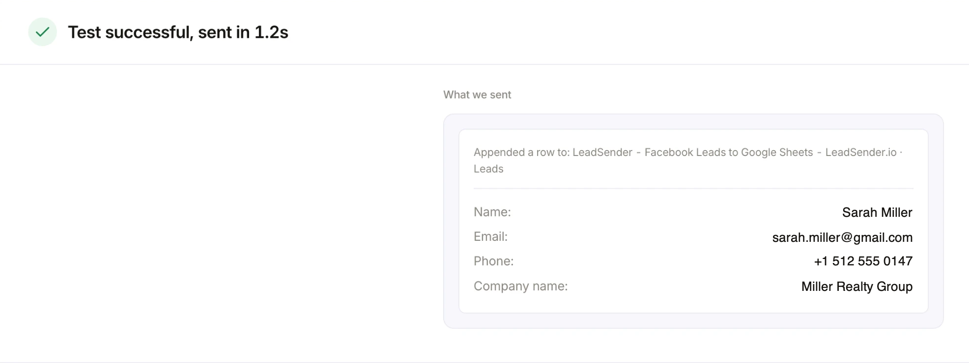 LeadSender test result: Test successful, sent in 1.2s, with a row appended to the Leads tab for Sarah Miller, including her email, phone and company
