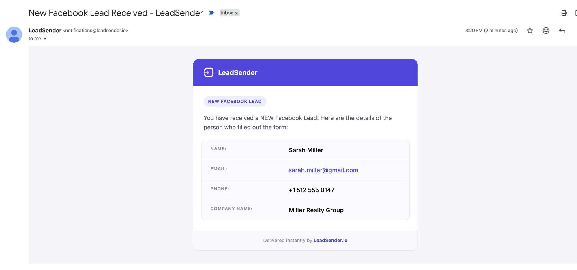 A New Facebook Lead Received email in Gmail with the lead's name, email, phone and company