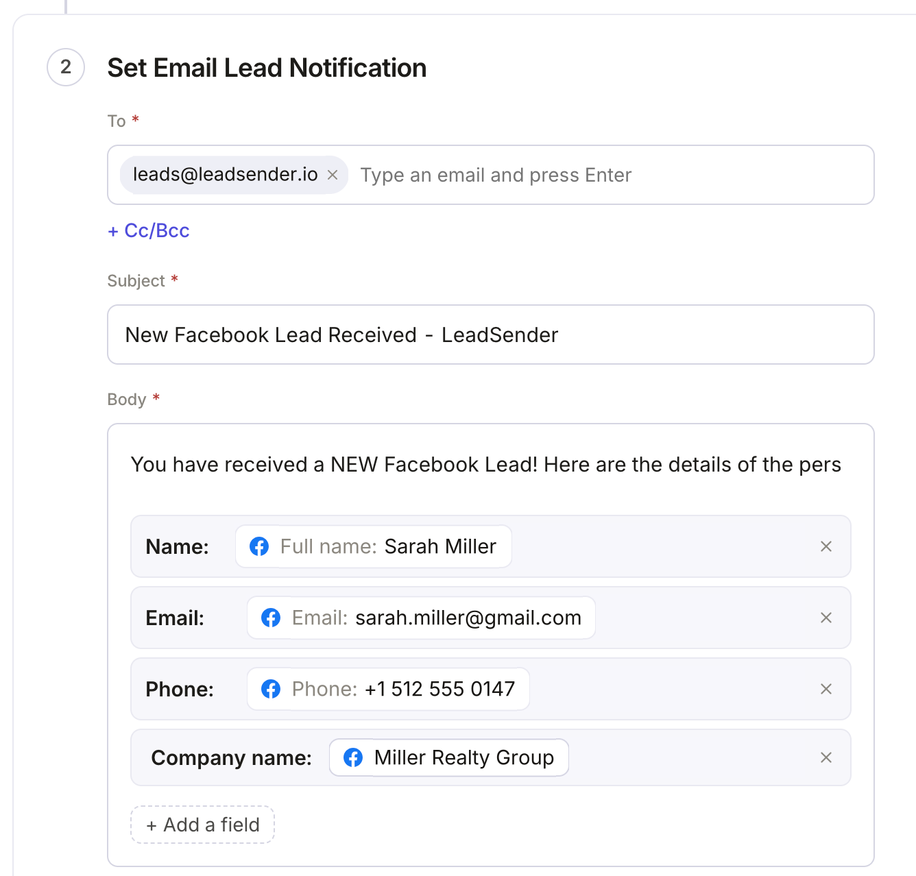Setting up a Facebook lead email notification: the To address, subject line, and the lead fields included in the email