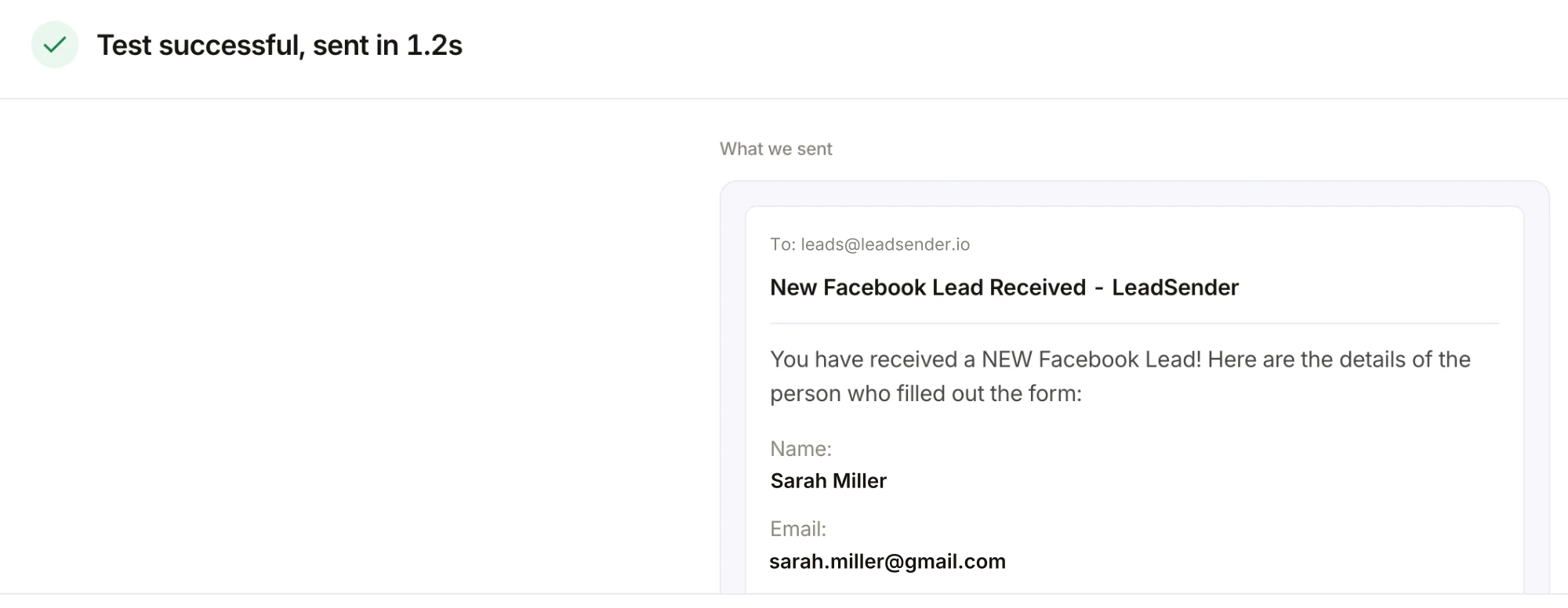 LeadSender test result: Test successful, sent in 1.2s, with the email sent to leads@leadsender.io showing Sarah Miller's name and email