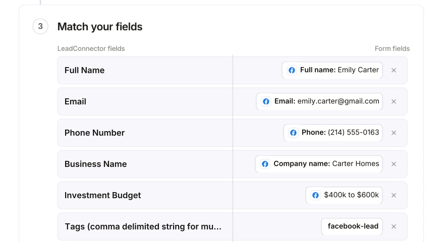 Matching Facebook lead form answers to GoHighLevel fields, including a custom Investment Budget field and a fixed facebook-lead tag