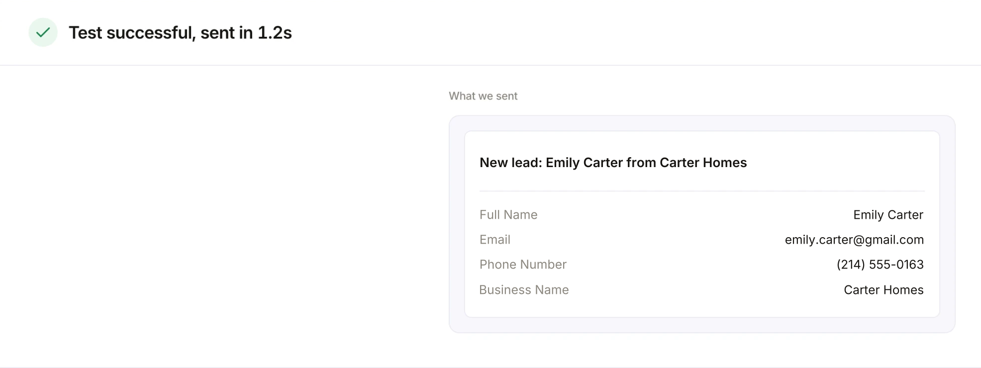 LeadSender test result: Test successful, sent in 1.2s, showing the GoHighLevel contact sent for Emily Carter with her full name, email, phone number and business name