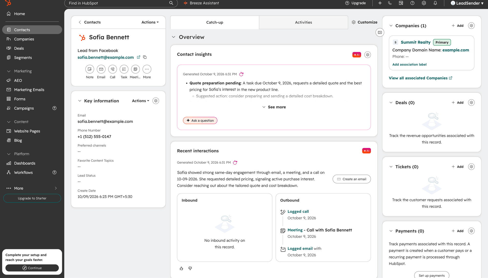 The HubSpot contact record for Sofia Bennett, created from a Facebook lead, with her email and phone number under Key information