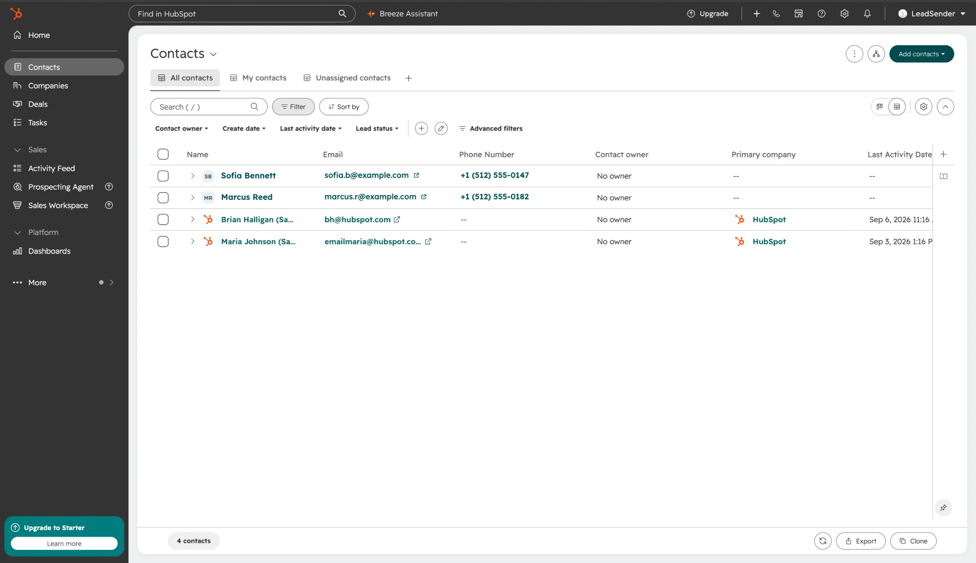 HubSpot Contacts list showing new Facebook leads created by LeadSender with their email and phone number