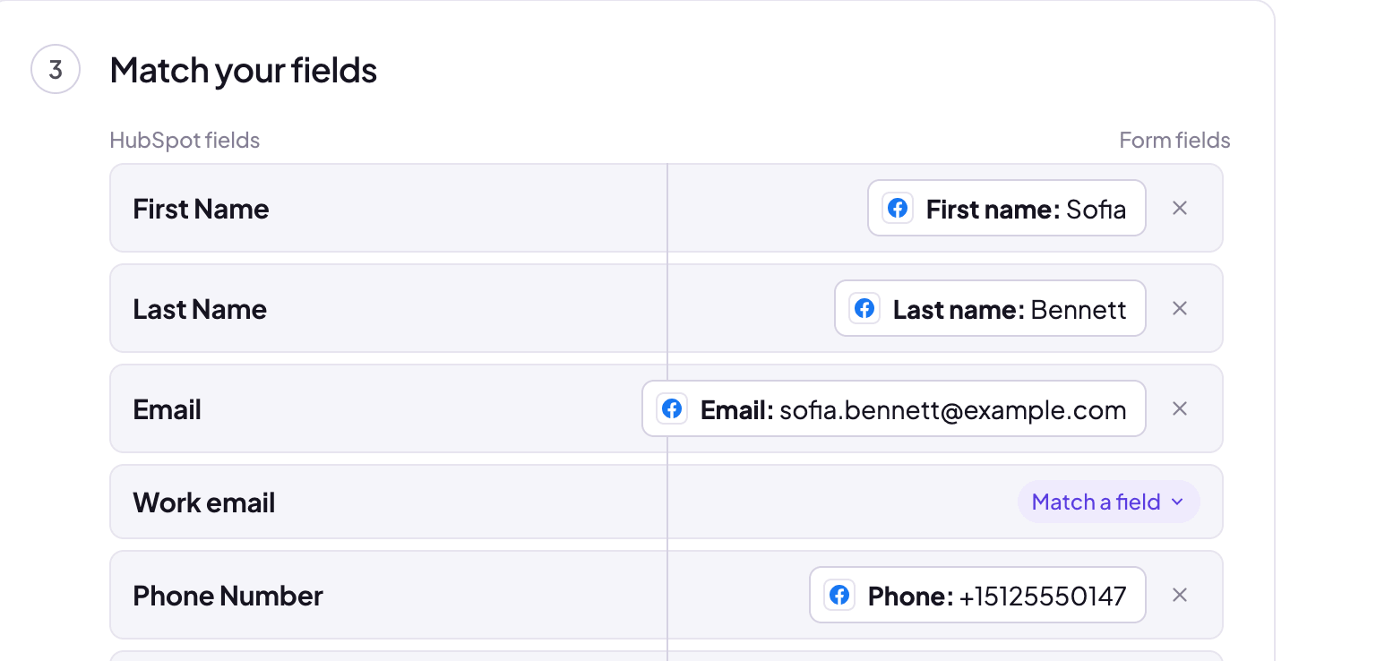 Matching Facebook lead form answers to HubSpot contact properties: first name, last name, email and phone, with the real answers from the latest lead