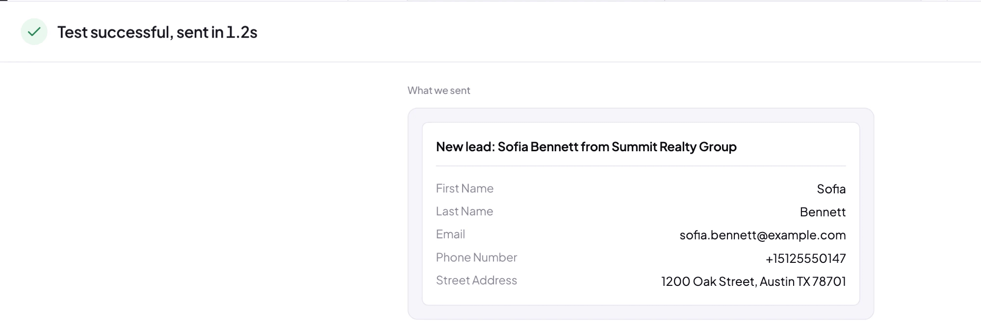 LeadSender test result: Test successful, sent in 1.2s, showing the HubSpot contact sent for Sofia Bennett with first name, last name, email, phone number and street address