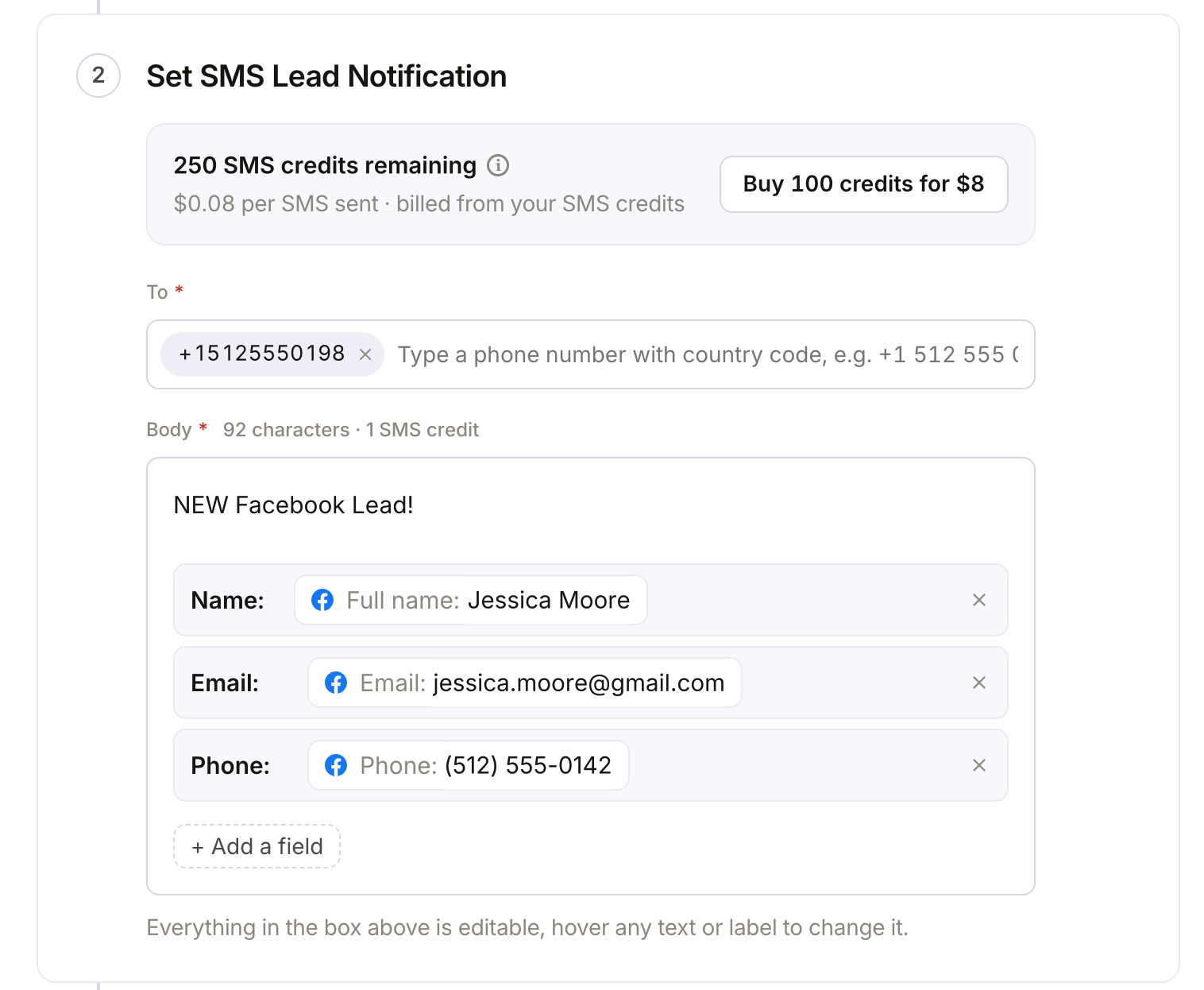 Setting up a Facebook lead SMS notification in LeadSender: the phone number to text, and the lead's name, email and phone in the message