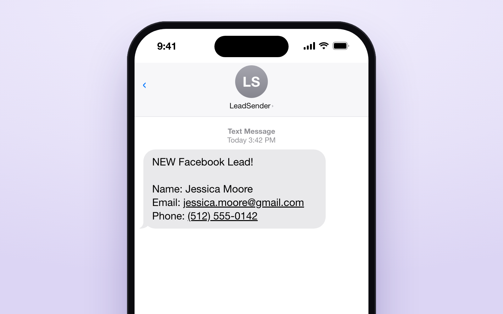 A Facebook lead text message on an iPhone: NEW Facebook Lead! with the lead's name, email and phone number