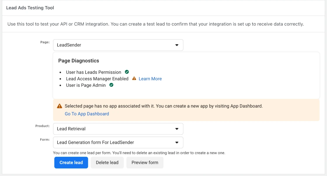 Meta's Lead Ads Testing Tool with the Page and Form drop-downs marked, above the Create lead, Delete lead and Preview form buttons