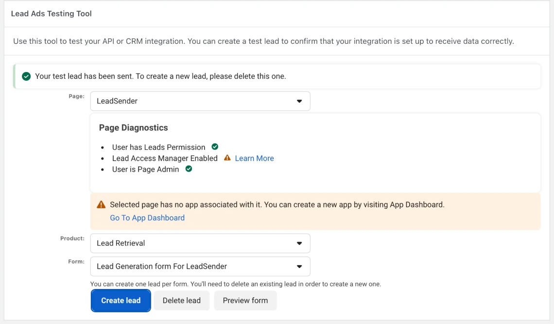 Meta's Lead Ads Testing Tool showing the confirmation: Your test lead has been sent. To create a new lead, please delete this one.