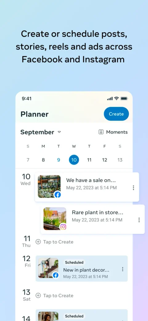 Meta Business Suite app on iPhone: Planner: scheduled posts, stories and reels