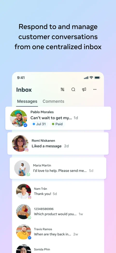Meta Business Suite app on iPhone: Inbox: messages from every app together