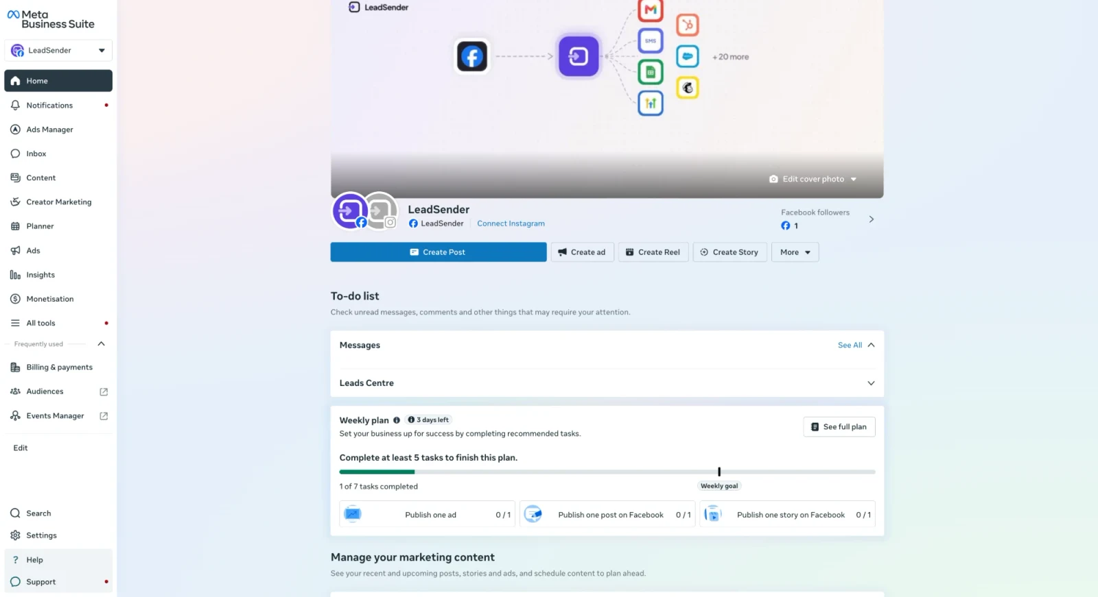 Meta Business Suite home screen with the business selector at the top left, the left menu, and Leads Centre in the to-do list