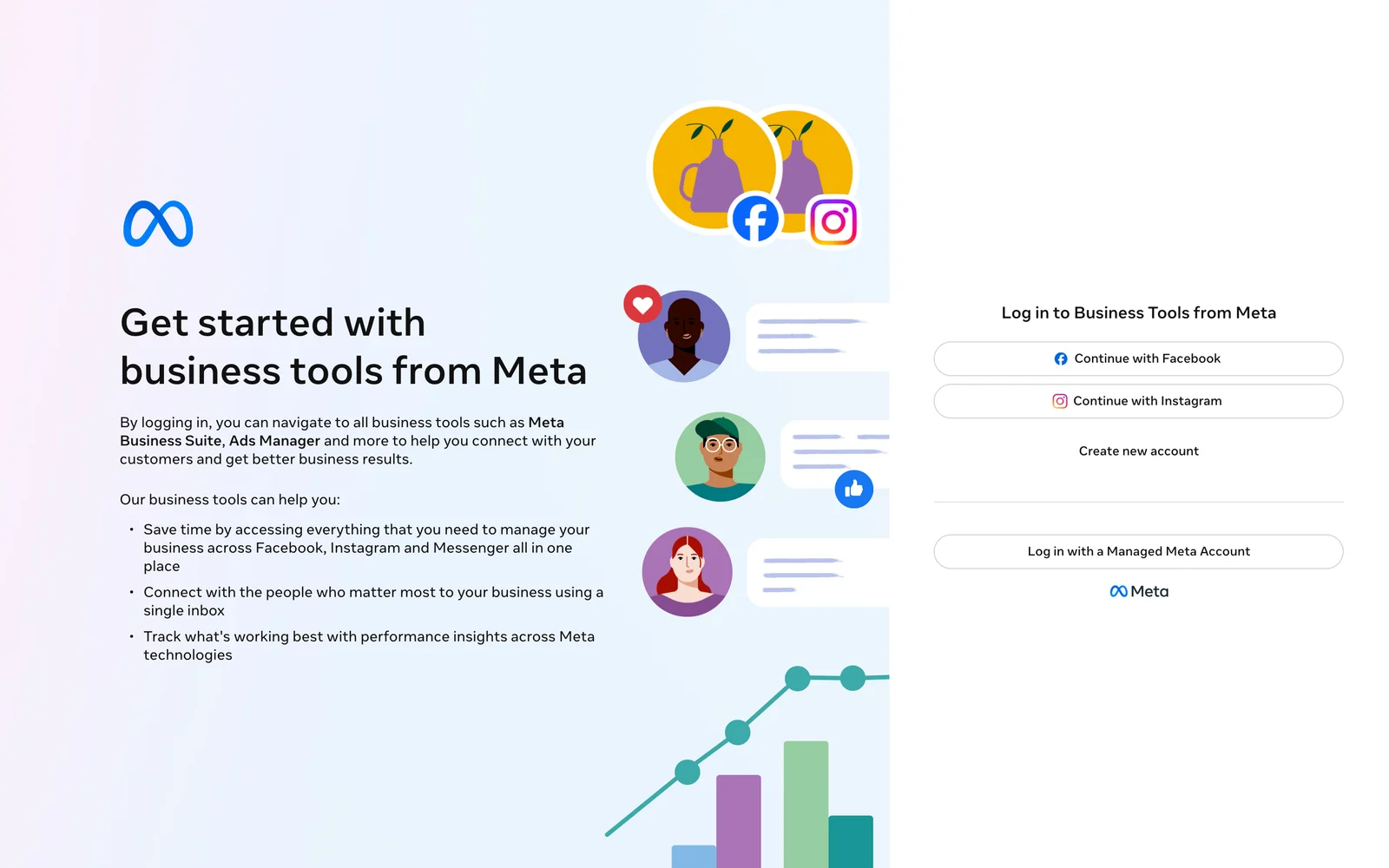 Meta Business Suite login page with Continue with Facebook, Continue with Instagram and Log in with a Managed Meta Account